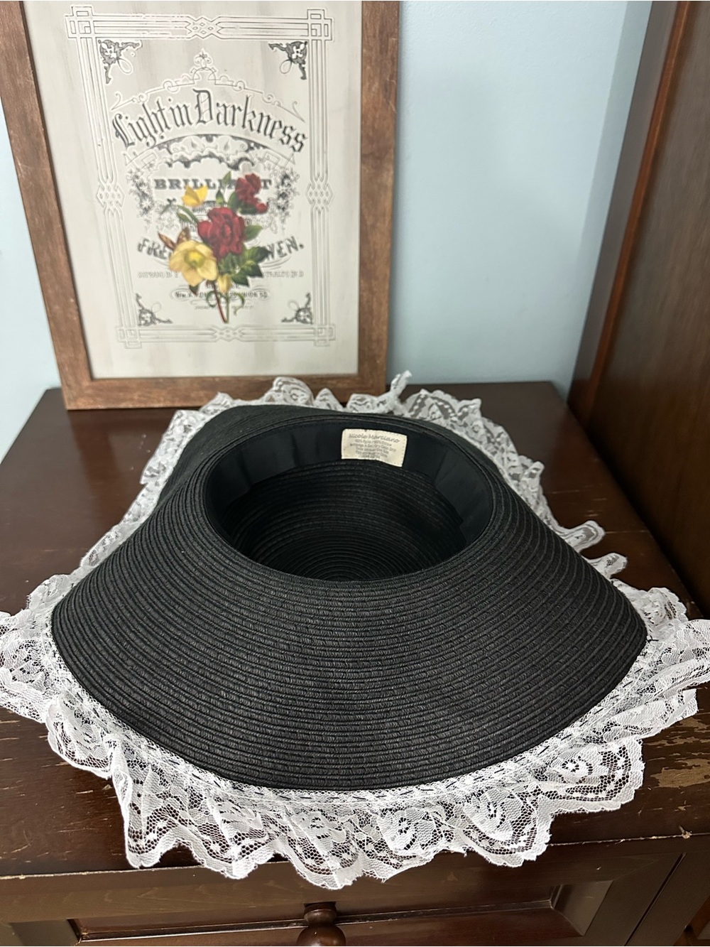 Marciano Black Wide-Brim Straw Hat with White Lace Trim Cottage Summertime - Picture 3 of 4